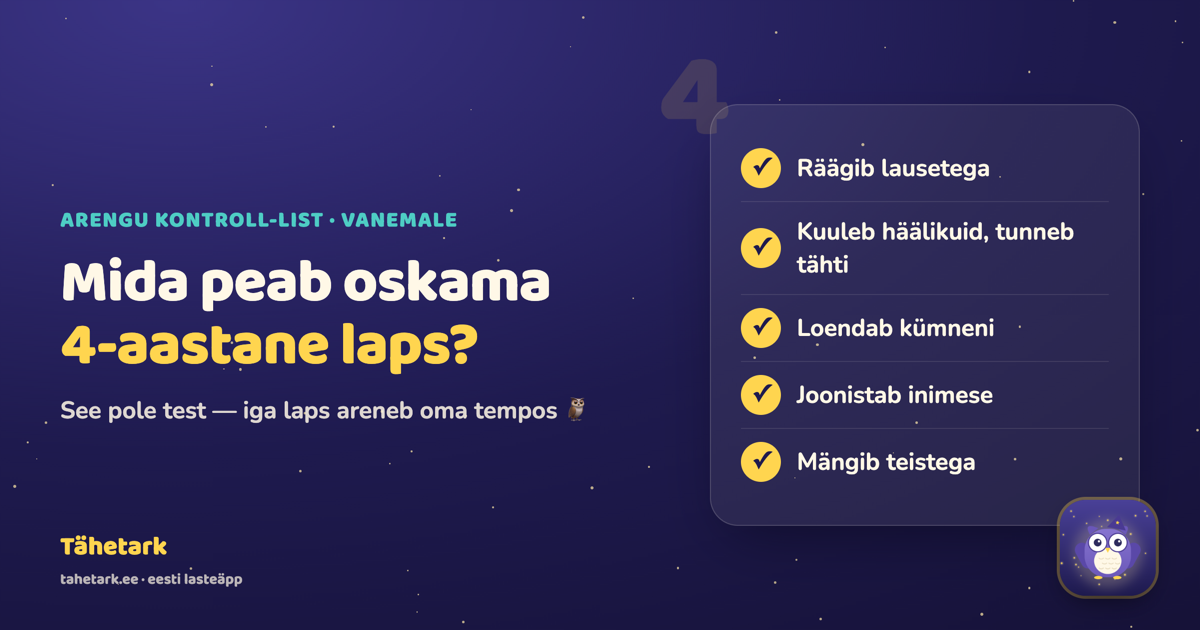 Mida peab oskama 4-aastane laps — arengu kontroll-list: kõne, tähed, numbrid ja peenmotoorika, Tähetargu öökull Otto