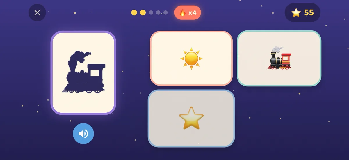 Tähetark matching game: shapes, colours and logic — match the shadow to the right picture.