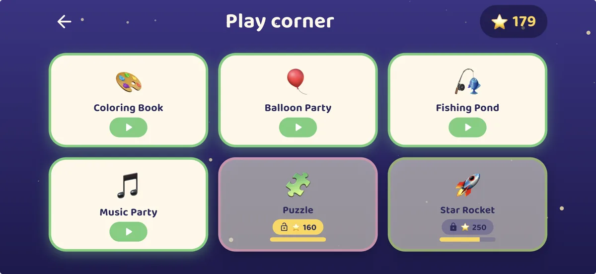 Tähetark game corner: bonus games unlocked with stars earned by learning.