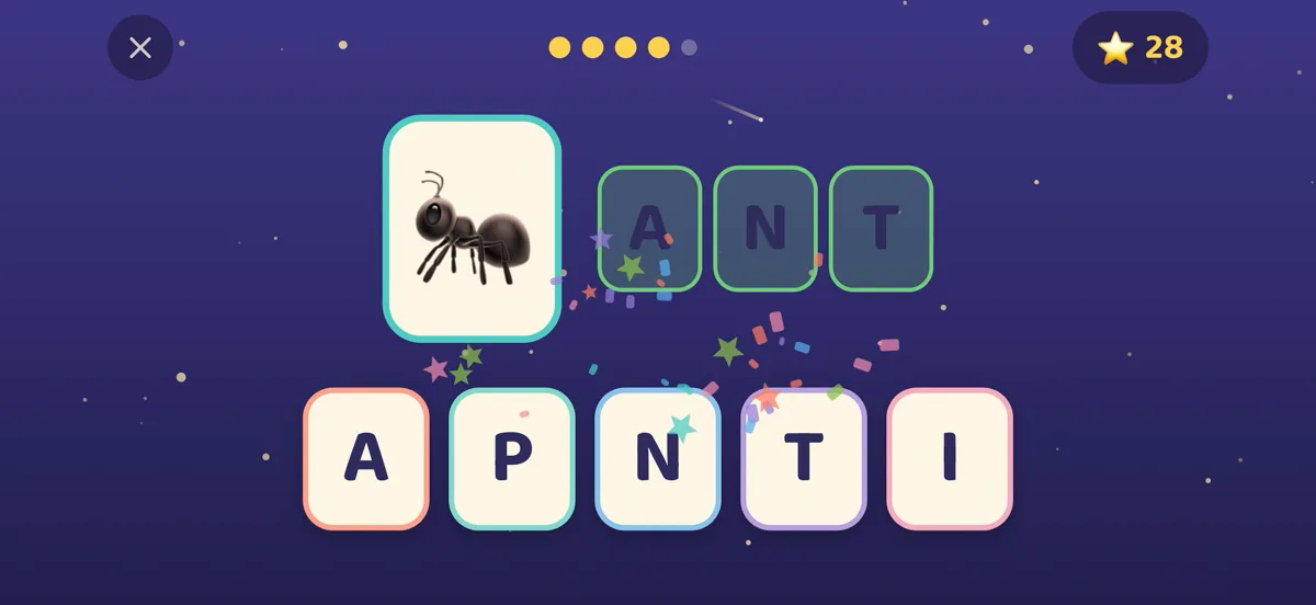 Tähetark word game: the child builds the word ANT letter by letter.