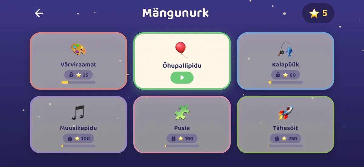 Tähetark mängunurk: teenitud tähtedega avatavad boonusmängud.